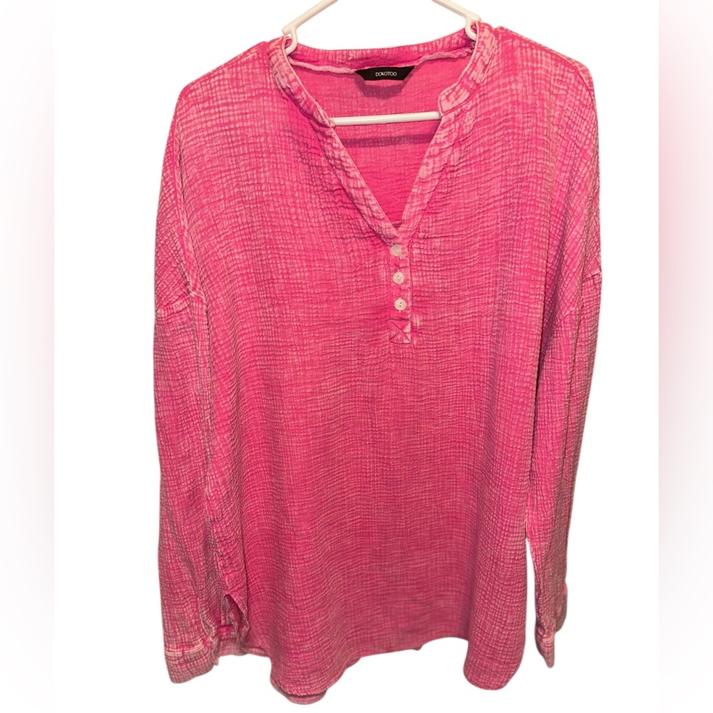 Women's Pink Vintage Wash - Long Sleeve - Button-Up Top - 2XL - 100% Cotton